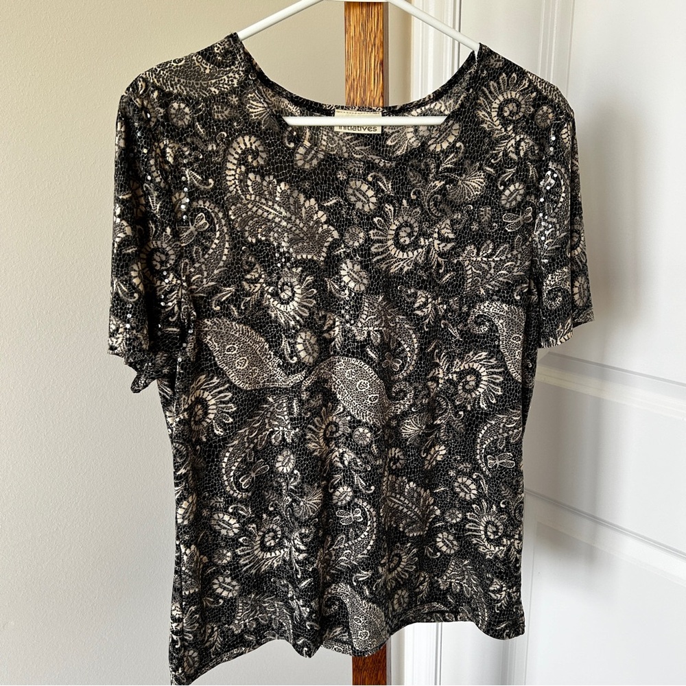 Vintage Initiatives Short Sleeved Dressy Sequined Neutral Toned Tee Size Medium
